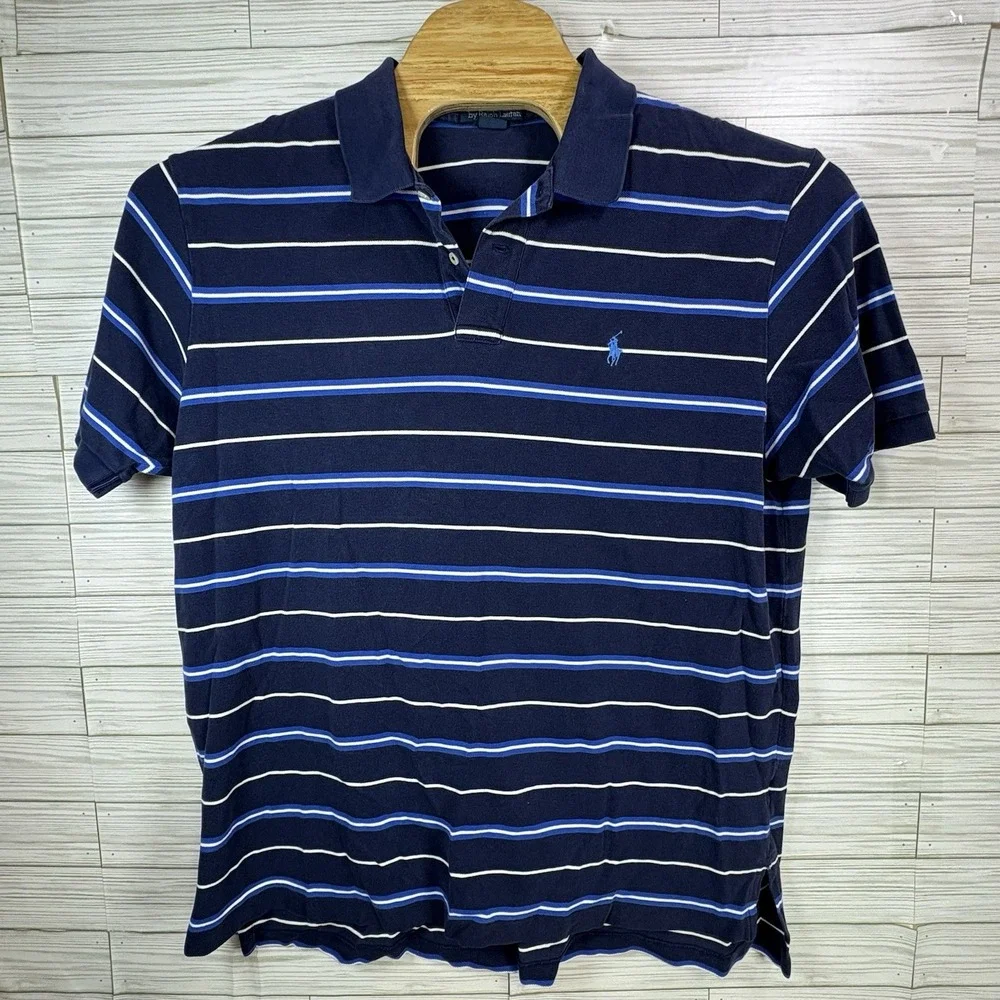 Polo‎ Ralph Lauren Men's Polo Golf Shirt Sz 2XL Navy Blue WithWhite Stripes